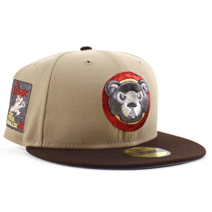 Chicago Cubs Be Alert For Foul Balls New Era 59Fifty Fitted Hat (Camel Burnt Wood Storm Gray Under Brim)