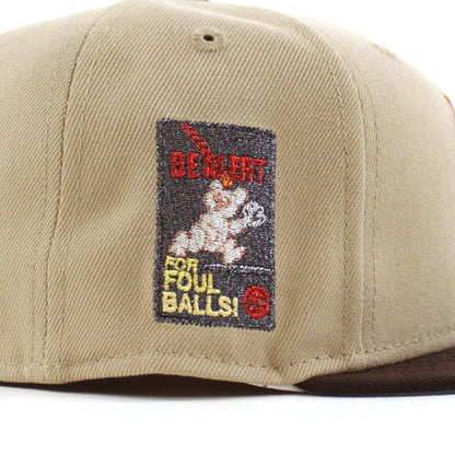 Chicago Cubs Be Alert For Foul Balls New Era 59Fifty Fitted Hat (Camel Burnt Wood Storm Gray Under Brim)