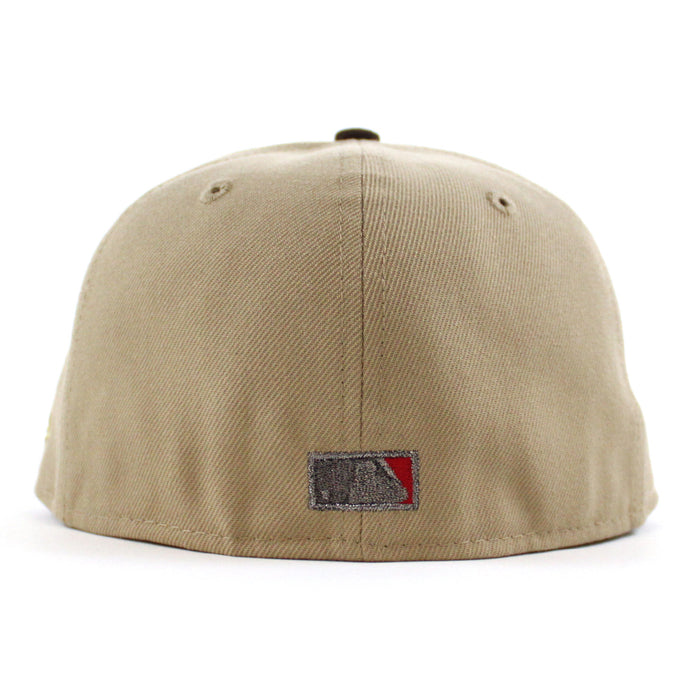 Chicago Cubs Be Alert For Foul Balls New Era 59Fifty Fitted Hat (Camel Burnt Wood Storm Gray Under Brim)