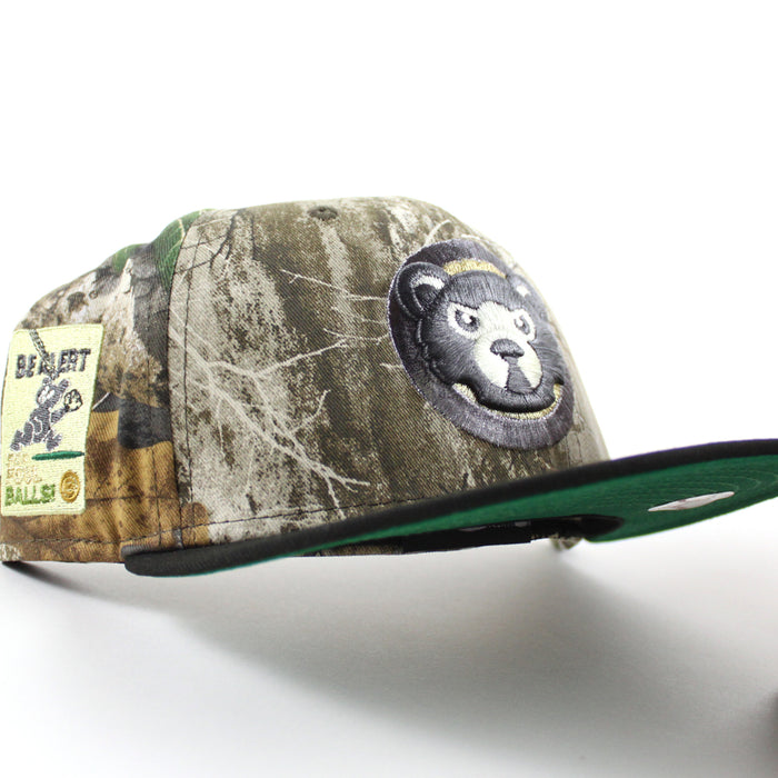 Chicago Cubs Be Alert For Foul Balls New Era 59Fifty Fitted Hat (RealTree Camo Black Green Under Brim)