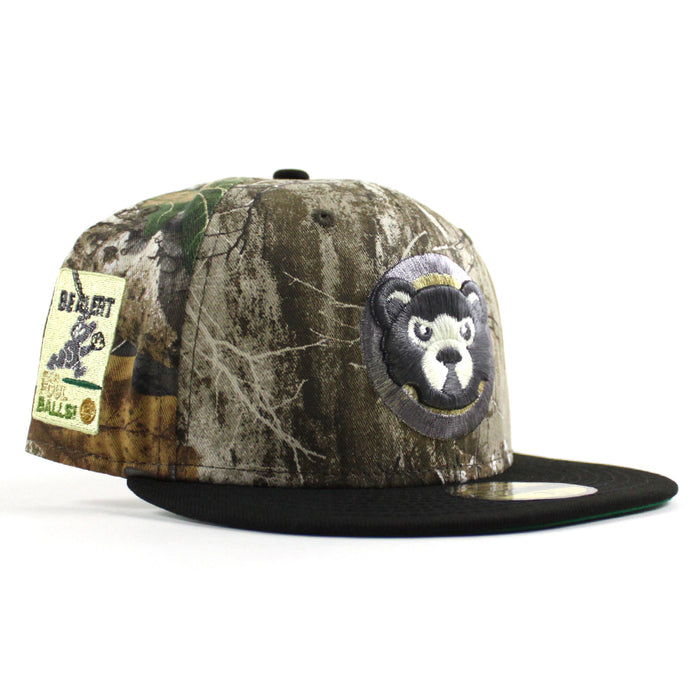 Chicago Cubs Be Alert For Foul Balls New Era 59Fifty Fitted Hat (RealTree Camo Black Green Under Brim)