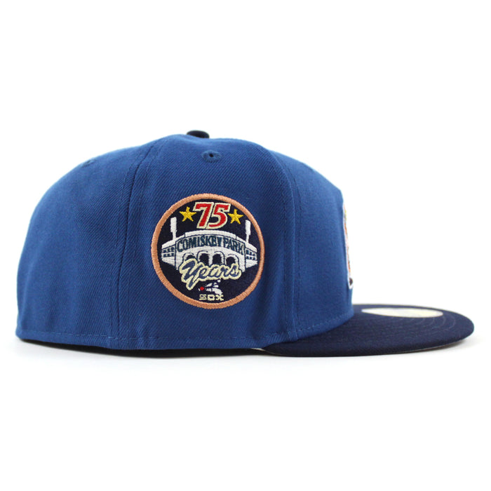 Chicago White Sox COMISKEY PARK 75 Years New Era Fitted 59Fifty Hat (SeaShore Blue OceanSide Gray Brim)