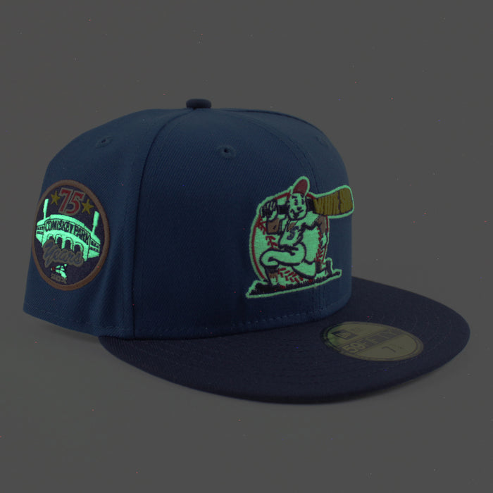 Chicago White Sox COMISKEY PARK 75 Years New Era Fitted 59Fifty Hat (SeaShore Blue OceanSide Gray Brim)