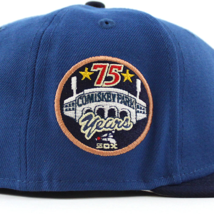 Chicago White Sox COMISKEY PARK 75 Years New Era Fitted 59Fifty Hat (SeaShore Blue OceanSide Gray Brim)