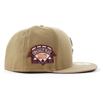 Chicago White Sox COMISKEY PARK New Era Fitted 59Fifty Hat (Glow in the Dark Khaki Camel Maroon Under Brim)