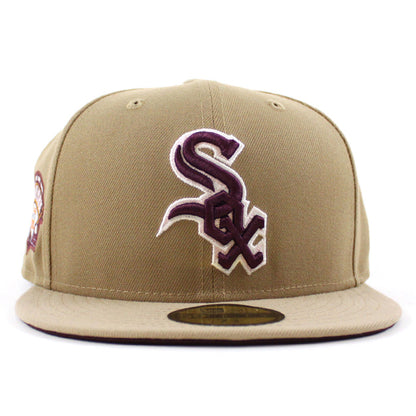 Chicago White Sox COMISKEY PARK New Era Fitted 59Fifty Hat (Glow in the Dark Khaki Camel Maroon Under Brim)