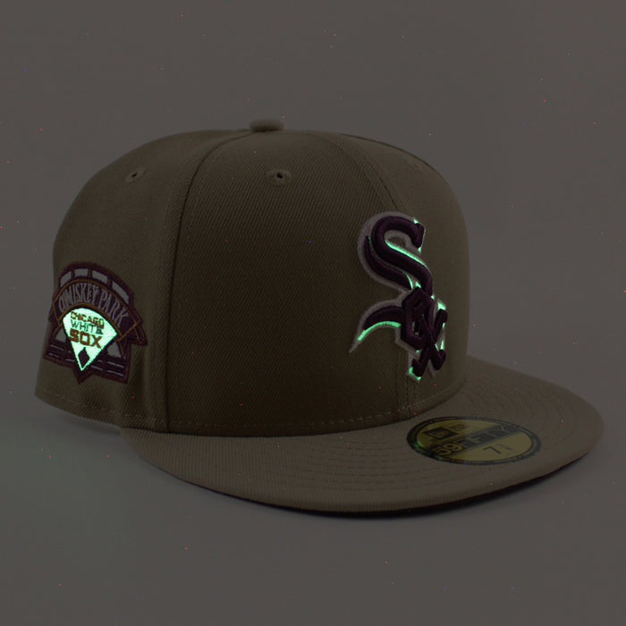 Chicago White Sox COMISKEY PARK New Era Fitted 59Fifty Hat (Glow in the Dark Khaki Camel Maroon Under Brim)