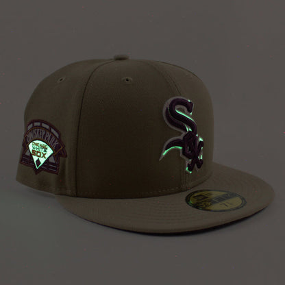 Chicago White Sox COMISKEY PARK New Era Fitted 59Fifty Hat (Glow in the Dark Khaki Camel Maroon Under Brim)
