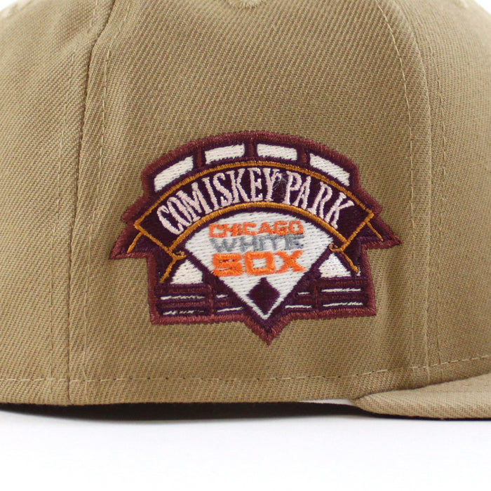 Chicago White Sox COMISKEY PARK New Era Fitted 59Fifty Hat (Glow in the Dark Khaki Camel Maroon Under Brim)