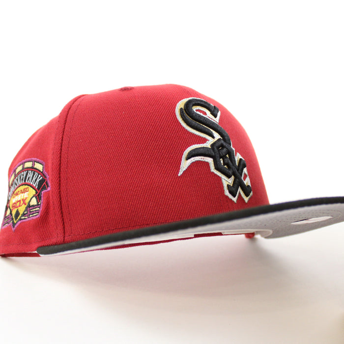 Chicago White Sox COMISKEY Park  New Era Fitted 59Fifty Hat (Pinot Red Black Gray Under Brim)