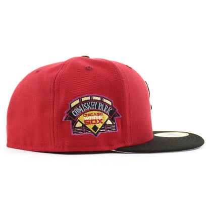 Chicago White Sox COMISKEY Park  New Era Fitted 59Fifty Hat (Pinot Red Black Gray Under Brim)