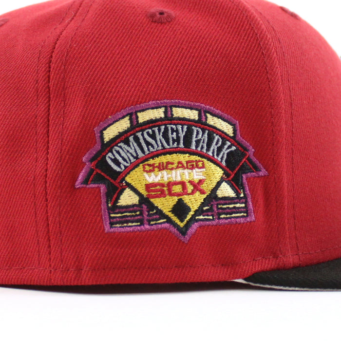 Chicago White Sox COMISKEY Park  New Era Fitted 59Fifty Hat (Pinot Red Black Gray Under Brim)