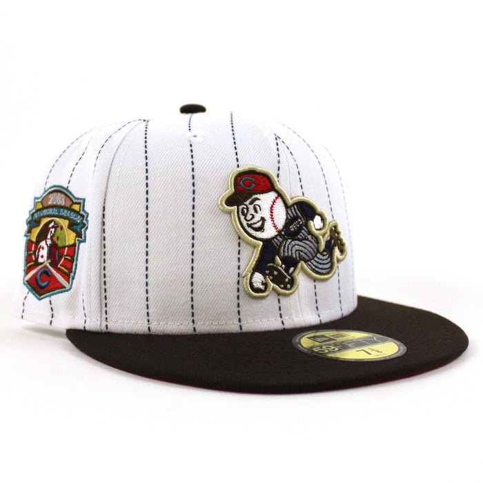 Cincinnati Reds 2003 INAUGURAL SEASON New Era 59Fifty Fitted Hat (PINSTRIPE BROWN PINOT Under Brim)