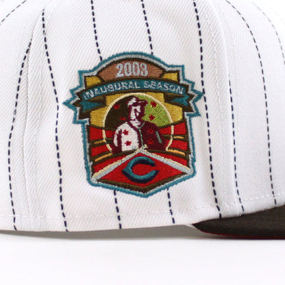 Cincinnati Reds 2003 INAUGURAL SEASON New Era 59Fifty Fitted Hat (PINSTRIPE BROWN PINOT Under Brim)