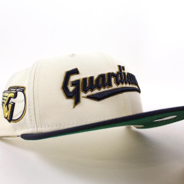 Cleveland Guardians CLEVELAND New Era 59Fifty Fitted Hat  (CHROME WHITE Navy Green Under Brim)
