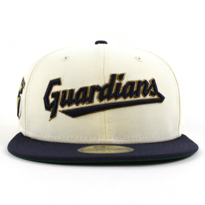 Cleveland Guardians CLEVELAND New Era 59Fifty Fitted Hat  (CHROME WHITE Navy Green Under Brim)