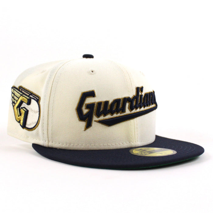 Cleveland Guardians CLEVELAND New Era 59Fifty Fitted Hat  (CHROME WHITE Navy Green Under Brim)