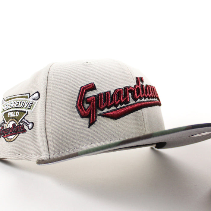 Cleveland Guardians Progressive Field New Era 59Fifty Fitted Hat  (Stone WoodLand Camo Gray Under Brim)