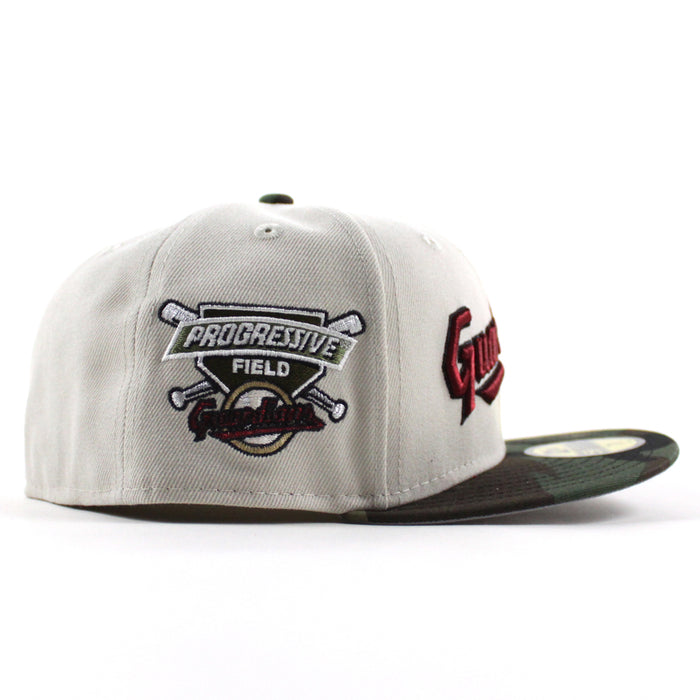 Cleveland Guardians Progressive Field New Era 59Fifty Fitted Hat  (Stone WoodLand Camo Gray Under Brim)