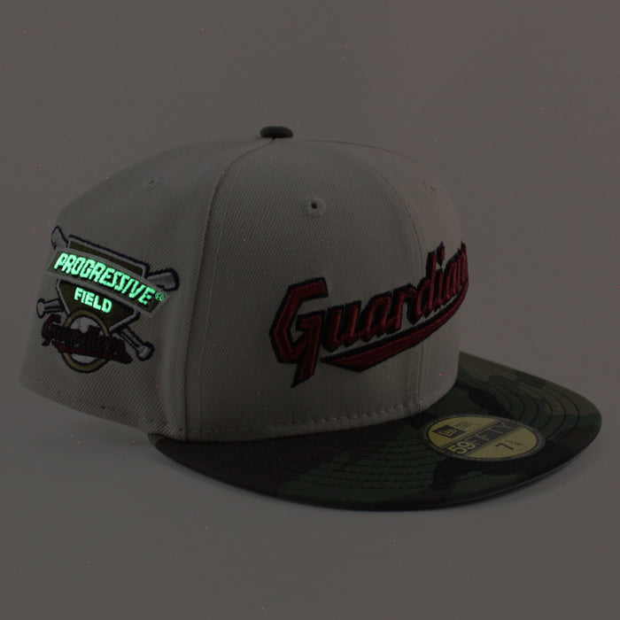 Cleveland Guardians Progressive Field New Era 59Fifty Fitted Hat  (Stone WoodLand Camo Gray Under Brim)
