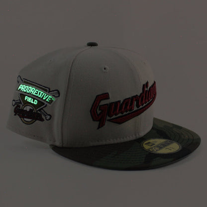 Cleveland Guardians Progressive Field New Era 59Fifty Fitted Hat  (Stone WoodLand Camo Gray Under Brim)