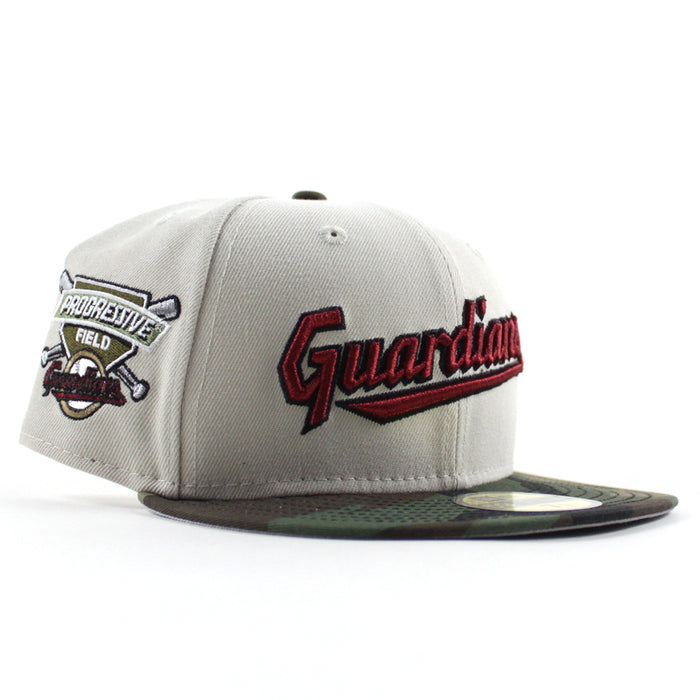 Cleveland Guardians Progressive Field New Era 59Fifty Fitted Hat  (Stone WoodLand Camo Gray Under Brim)