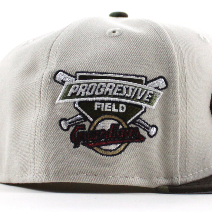 Cleveland Guardians Progressive Field New Era 59Fifty Fitted Hat  (Stone WoodLand Camo Gray Under Brim)