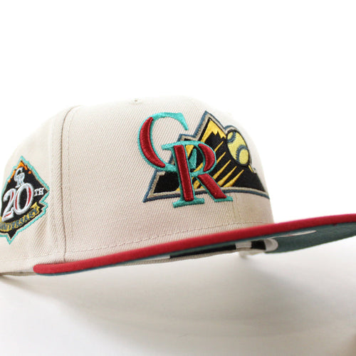 Colorado Rockies 20TH ANNIVERSARY New Era 59Fifty Fitted Hat (STONE PINOT RED PINE NEEDLE GREEN Under Brim)