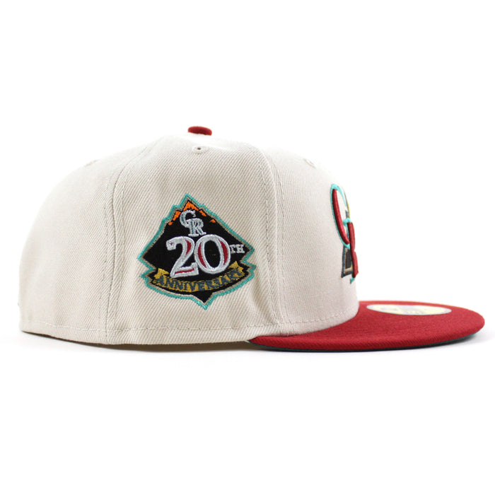 Colorado Rockies 20TH ANNIVERSARY New Era 59Fifty Fitted Hat (STONE PINOT RED PINE NEEDLE GREEN Under Brim)