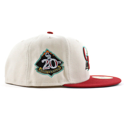 Colorado Rockies 20TH ANNIVERSARY New Era 59Fifty Fitted Hat (STONE PINOT RED PINE NEEDLE GREEN Under Brim)