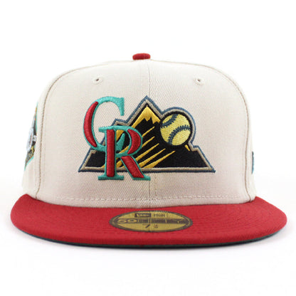 Colorado Rockies 20TH ANNIVERSARY New Era 59Fifty Fitted Hat (STONE PINOT RED PINE NEEDLE GREEN Under Brim)
