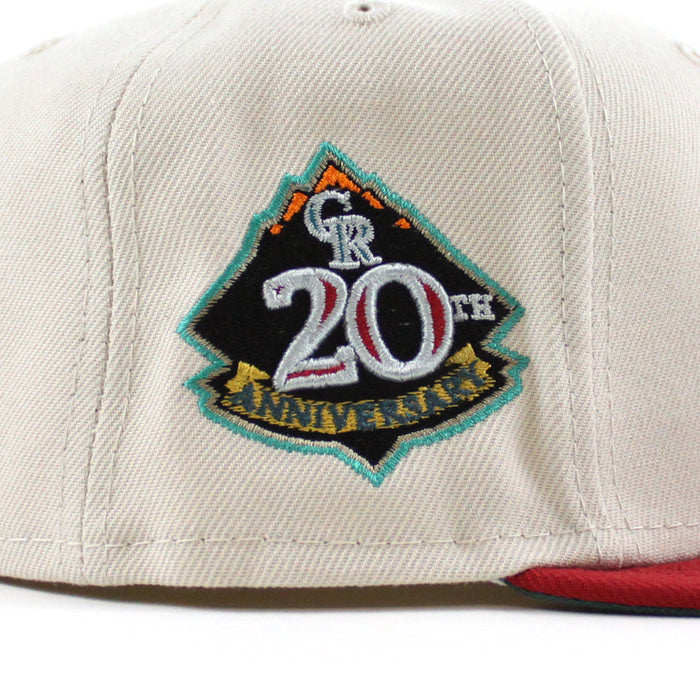Colorado Rockies 20TH ANNIVERSARY New Era 59Fifty Fitted Hat (STONE PINOT RED PINE NEEDLE GREEN Under Brim)