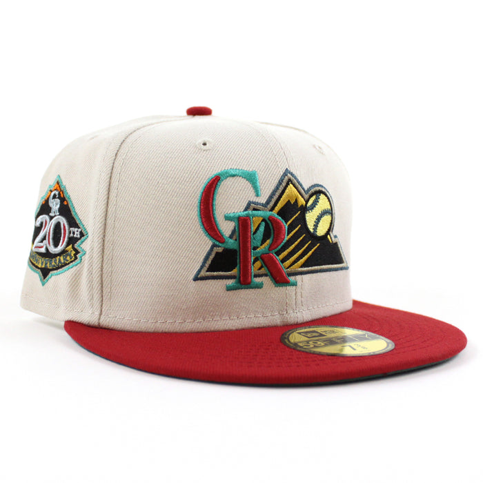 Colorado Rockies 20TH ANNIVERSARY New Era 59Fifty Fitted Hat (STONE PINOT RED PINE NEEDLE GREEN Under Brim)