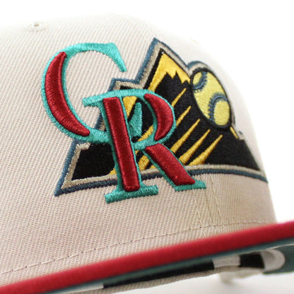 Colorado Rockies 20TH ANNIVERSARY New Era 59Fifty Fitted Hat (STONE PINOT RED PINE NEEDLE GREEN Under Brim)