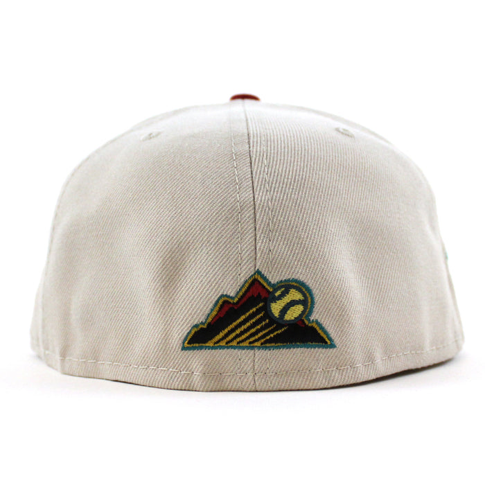 Colorado Rockies 20TH ANNIVERSARY New Era 59Fifty Fitted Hat (STONE PINOT RED PINE NEEDLE GREEN Under Brim)