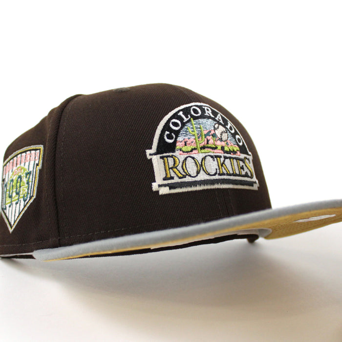 Colorado Rockies EST 1993 New Era 59Fifty Fitted Hat (Glow in the Dark BurntWood Misty Morning Metalic Gold Under Brim)