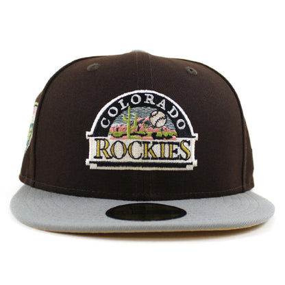 Colorado Rockies EST 1993 New Era 59Fifty Fitted Hat (Glow in the Dark BurntWood Misty Morning Metalic Gold Under Brim)