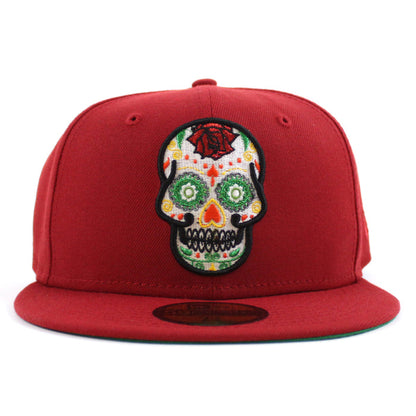 Day of the Dead SUGAR SKULL 59Fifty New Era Fitted Hat (Red Green Under Brim)