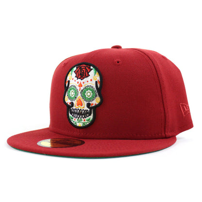 Day of the Dead SUGAR SKULL 59Fifty New Era Fitted Hat (Red Green Under Brim)