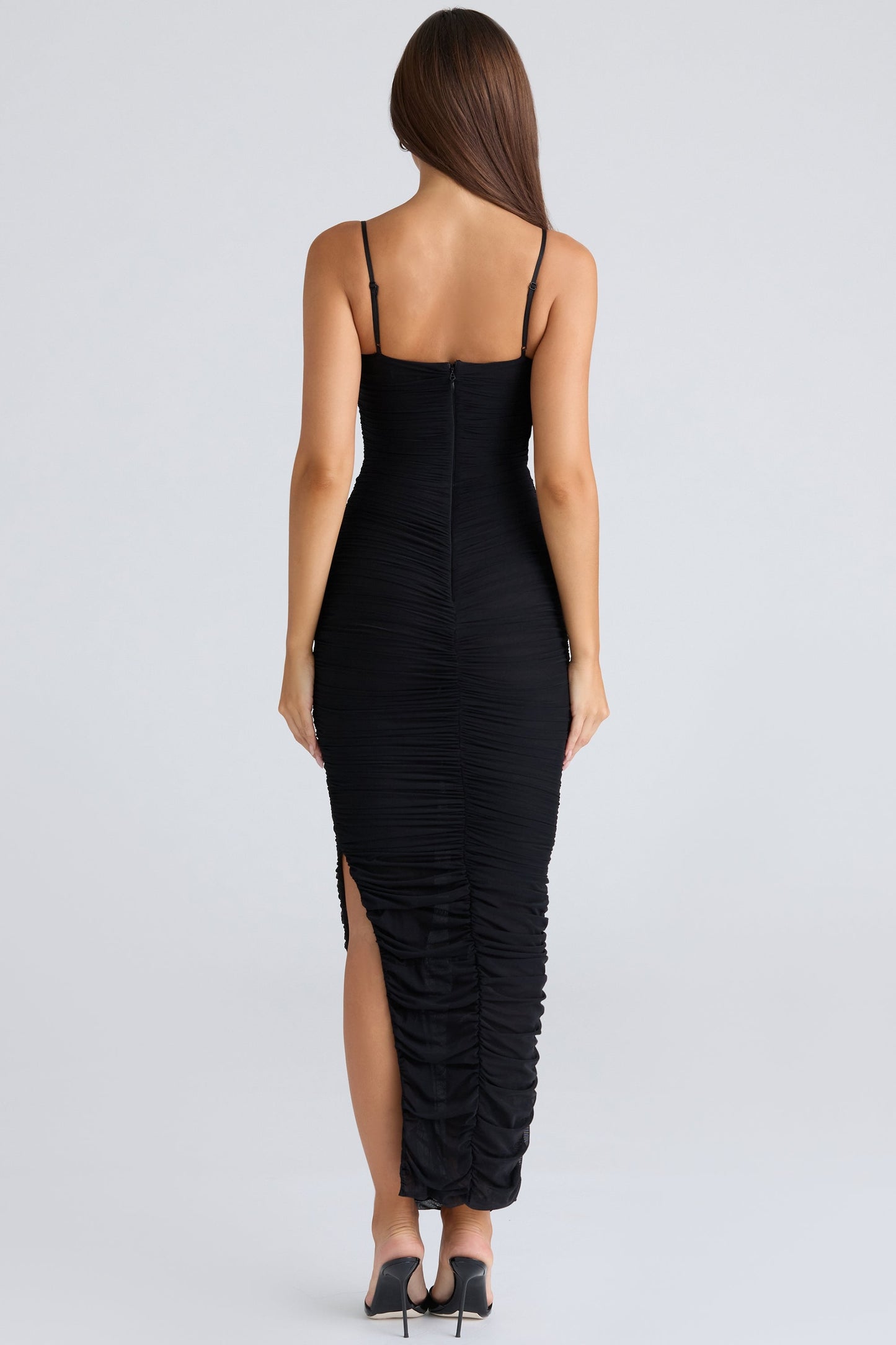 black gathered stretch mesh maxi dress