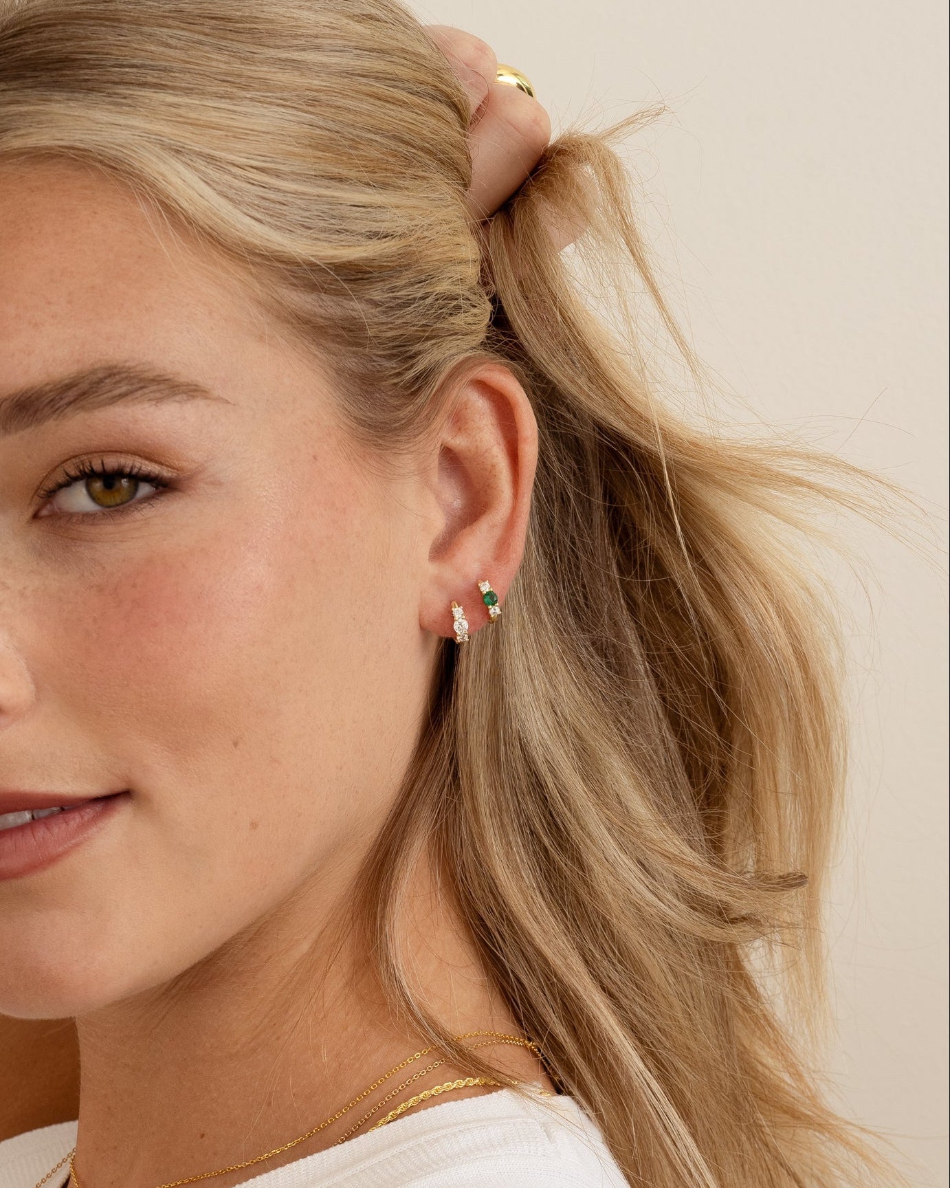 Emerald Three Stone Huggie Hoops