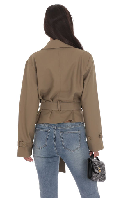 Belted Short Trench Coat in Khaki