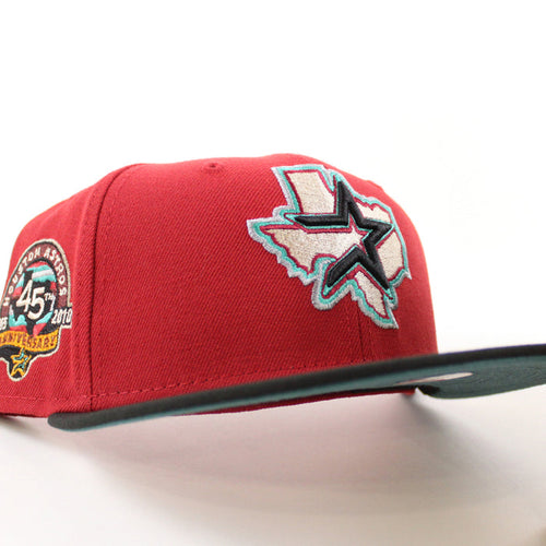 Houston Astros 45TH Anniversary New Era 59Fifty Fitted Hat (PINOT RED BLACK PINE NEEDLE GREEN Under Brim)
