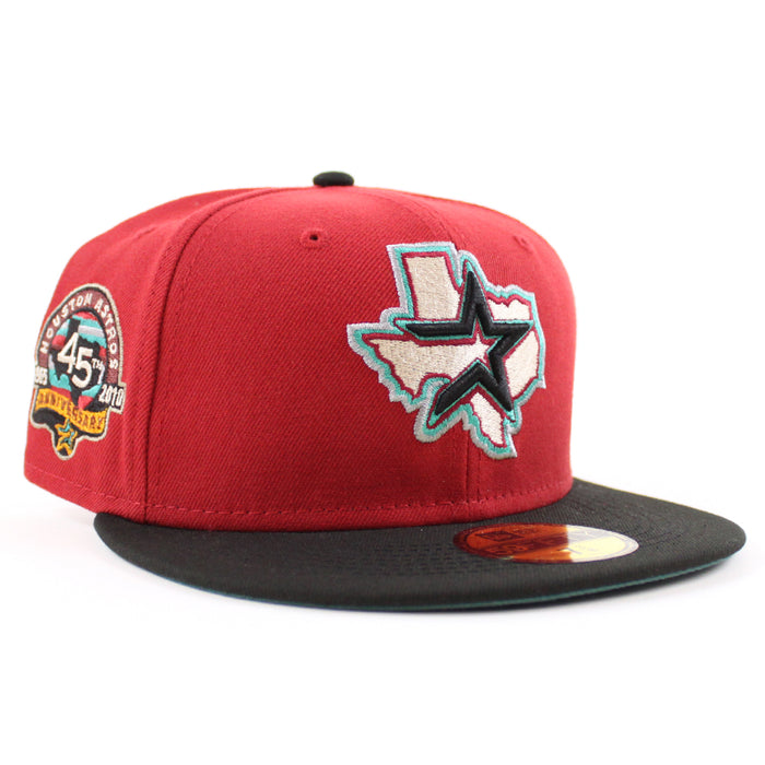 Houston Astros 45TH Anniversary New Era 59Fifty Fitted Hat (PINOT RED BLACK PINE NEEDLE GREEN Under Brim)