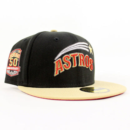 Houston Astros 50Th Anniversary 1962-2012 New Era 59Fifty Fitted Hat (Black Vegas Gold Red Under Brim)