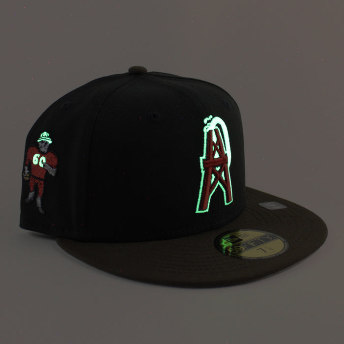 HOUSTON OILERS Mascot Patch New Era 59Fifty Fitted Hat (Black Walnut Gray Under Brim)