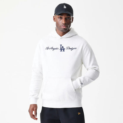 The Male model is wearing LA Dodgers MLB Script White Oversized Pullover Hoodie 3