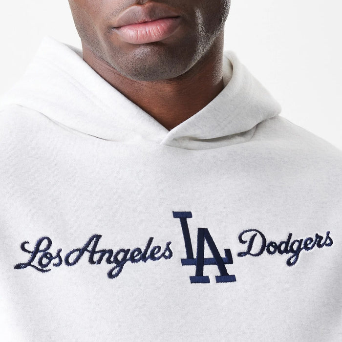The Male model is wearing LA Dodgers MLB Script White Oversized Pullover Hoodie 5