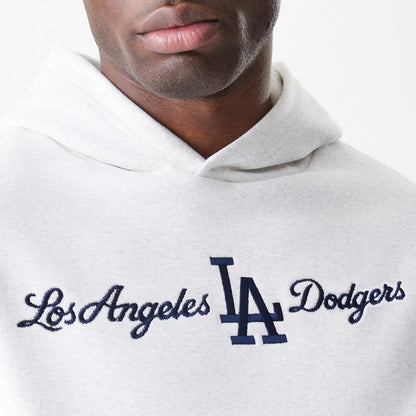 The Male model is wearing LA Dodgers MLB Script White Oversized Pullover Hoodie 5