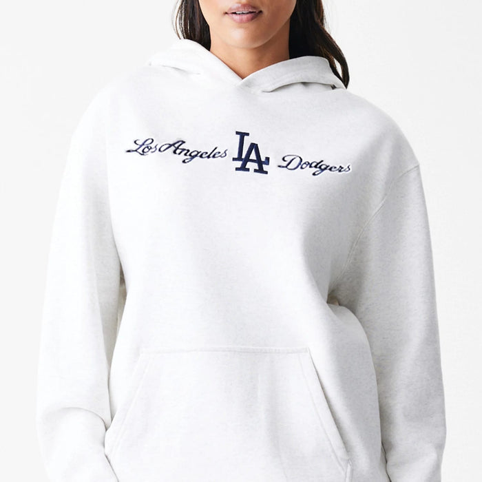 The Male model is wearing LA Dodgers MLB Script White Oversized Pullover Hoodie 6